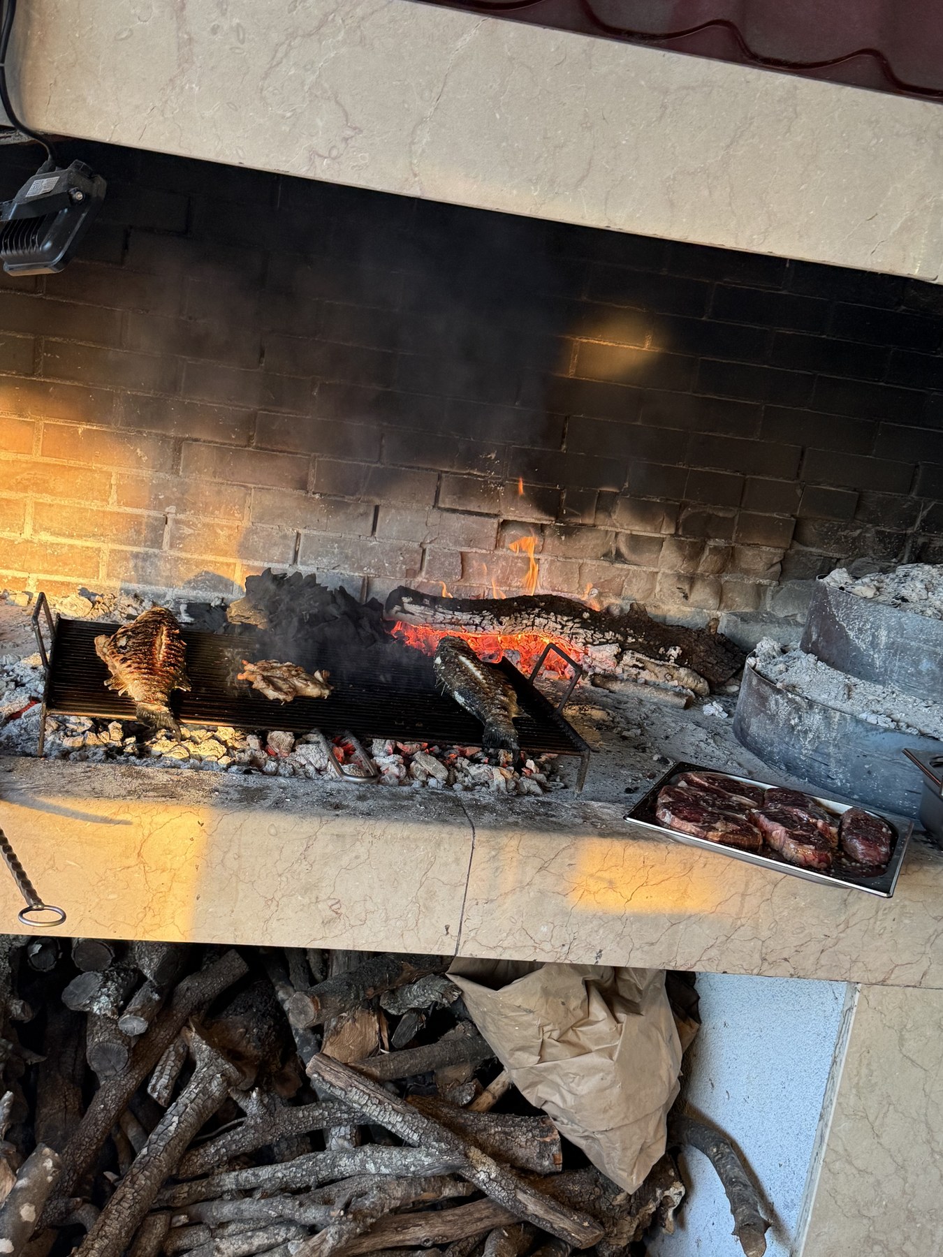 Ognjište s ribom i mesom na grillu